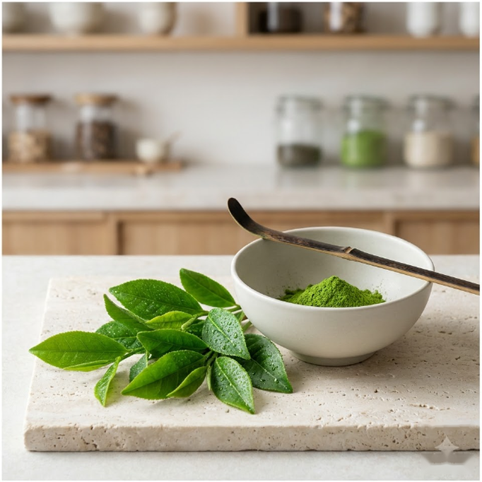 Ceremonial Kyoto Uji green tea leaves and antioxidant harvest